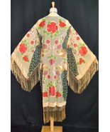 Cream Peacock ArtDeco DeLuxe Vintage Velvet &amp;Silk Boho Fringed Kimono - $229.99