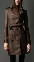 Women&#39;s Long Overcoat Trench Coat Button Belted Jacket Genuine Leather Lambskin - £135.38 GBP+