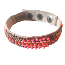 Stella and Dot Pink Coral Gold  Brown Leather Strap Bracelet Adjustable Beaded - $28.04