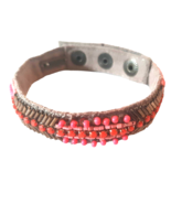 Stella and Dot Pink Coral Gold  Brown Leather Strap Bracelet Adjustable ... - £22.34 GBP