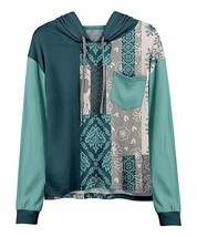 $90 Lily Teal &amp; Gray Floral Scarf Print Contrast-Pocket Hoodie Size M/8-10 NWOT - £19.32 GBP