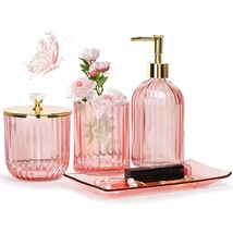 Pink , 4 Pcs Glass Bathroom Accessory Sets, Soap Dispenser, Toothbrush Holder, Q - $34.99