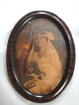 Antique Convex Glass Wood Frame Wedding Bride Photograph Hand Tinted Color Roses - £178.01 GBP