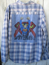 Men&#39;s Upcycled Blue and White Plaid Cotton Shirt - Superman Patch Mens S... - £17.72 GBP