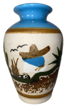 Mexican Folk Art Vase Pottery Hand Painted Man Sitting in Desert Blue Bi... - $24.70