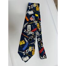 Zippo The World Famous Silk Neck Tie Navy Blue Lighters Knives Flag Print - $25.00