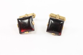 ✅ Vintage Pair Men Swank Square Cuff Links Red Stone/Glass 10K Gold Filled Plate - £7.79 GBP