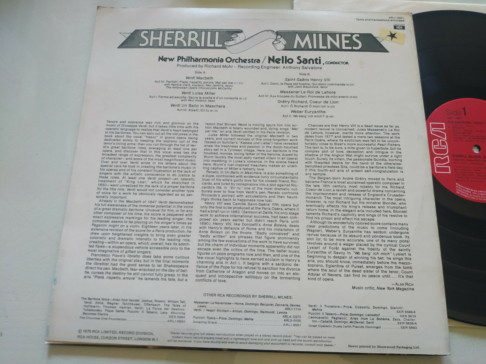 Sherrill Milnes Arias From Nello Santi Rca 1975 Ru Press LP vinile 12 " VG/VG Am Item image 3