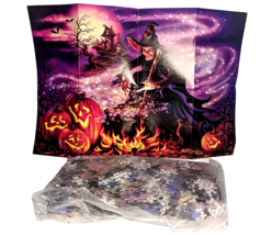 Halloween Witch Jigsaw Puzzle 1,000 Pieces Jack o Lanterns Pumpkins Cauldron Cat - £15.07 GBP