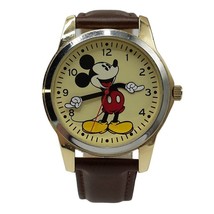 Mickey Mouse Quartz Wrist Watch Gold Tone Leather Band - £22.18 GBP