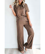 Smoke Gray Solid Color T-Shirt and Wide Leg Pants Set - £40.07 GBP