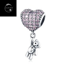 Genuine Sterling Silver 925 New Baby Girl Pink Heart Bear Dangle Pendant Charm - £18.05 GBP