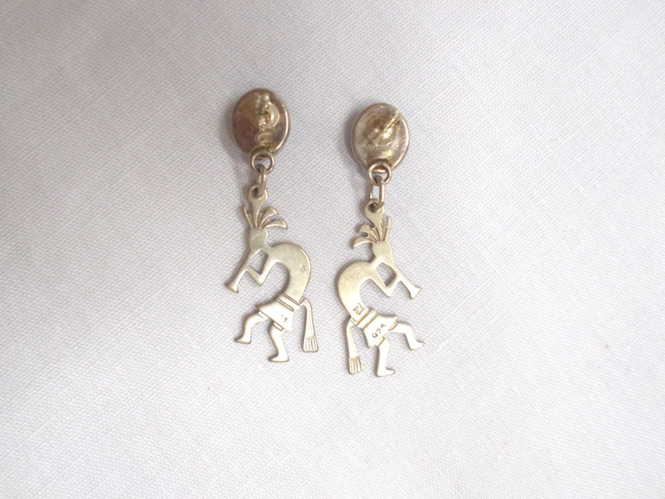 Signed Kokopelli Flute Player New Mexico Turquoise 925 Sterling Silver Earrings Item image 4