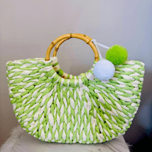 Gogreenwoven Summer Woven Beach Tote Bag,  Bamboo Handle, Green/White, NEW - $23.38