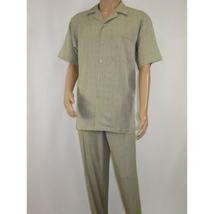 Men 2pc Walking Leisure Suit Short Sleeves DREAMS Plaid Satin 253-04 Sage Green image 3