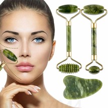 2PC Jade Stone Facial Massage Roller Natural Massager Green Guasha Scraper Set - £8.01 GBP