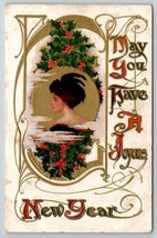 Art Nouveau Christmas Greetings Lovely Lady Gilded Postcard Q29 - £4.70 GBP