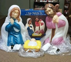 Vintage Nativity Set Lighted Blow Mold Mary Joseph Baby Jesus in Origina... - £126.10 GBP