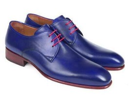 Paul Parkman Mens Shoes Derby Blue Leather Handmade Hand-Painted 633BLU13 - $379.99
