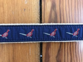 Vintage 80s New England Preppy Navy Pheasant Fabric Brown Leather Bird B... - £23.56 GBP
