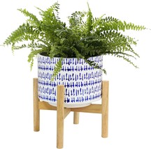 La Jolie Muse Blue Planter With Stand - 7.3 Inch Retro Round, Home Decor Gift - £36.13 GBP