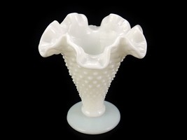 Hobnail Footed Trumpet Vase, Ruffled Rim, Vintage Fenton Milk Glass, #FN... - $19.55