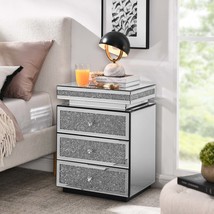 Mirrored Nightstand 3-Drawer Silver Crystal Inlay Bedside Table - $438.18 CAD