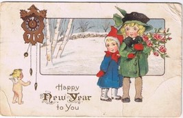 Greeting Postcard Happy New Year Children Roses Angel Clock  - $2.96