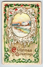 Christmas Postcard Scenic Country Cottage Ice Snow Embossed Greetings 1915 - £5.66 GBP