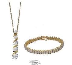 Diamond Accent Pendant Bracelet &amp; Necklace Set Gold Two-tone 16K Rhodium Plated - £53.31 GBP