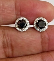 2Ct Halo Simulated Black/Clear Diamond Round Earring Silver 925 - $59.34