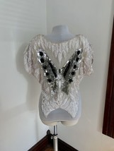 VTG Silk Sequin Butterfly Top Black White 70s 80s Bead Wing Arcadio Crop Silk T - £25.85 GBP