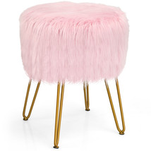 Costway Faux Fur Vanity Chair Makeup Stool Furry Padded Seat Round Ottoman Pink - £67.93 GBP