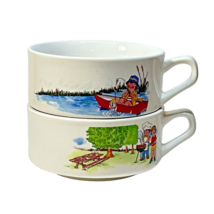 Set Of 2 Vintage Campbells Soup Kids Handled Bowl Mug Fishing Grill Bbq Picnic - £19.58 GBP