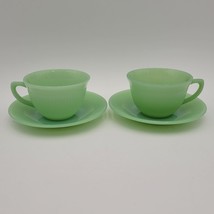 Two 1950s Fire King Jade Jadeite Green Ribbed Coffee Tea Cups &amp; Saucers ... - £38.71 GBP