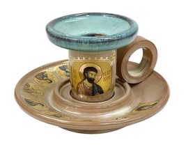 3&quot; Ceramic Porcelain Greek Orthodox Hnadle Gold Leaf Icons Candlestick 7... - $23.03