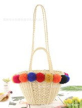 New Rainbow Pom Pom Ball Straw Bags Woven Beach Holiday Shoulder Bag Large Capac - £32.71 GBP