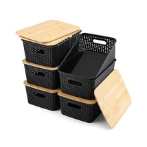 Storage Bins With Bamboo Lids Set Of 6 Lidded Storage Container Plastic Baskets  - £54.34 GBP