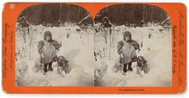 c1890&#39;s Stereoview Card Showing Adorable Little Girl Playing in Snow With Dog - £10.99 GBP