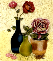Vtg. Cheri Blum 3D Wall Art Plaque Ceramic Tile Roses In Acrylic Vases 6.25" image 2