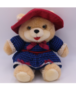 Dan Dee Tan Cream Bear Blue Plaid Dress w Bonnet Hat 14&quot; Vintage - $23.76