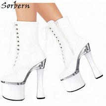 18Cm Square High Heels Ankle Boots Fall Comfortable Women Shoe Lace Up Perspex H - £145.29 GBP