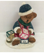 Retro Christmas holiday baby teddy bear figurine with blocks glitter spa... - $27.16 CAD