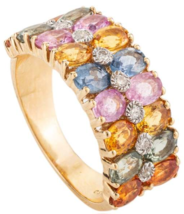 18k Yellow Gold Multi Color Sapphire Diamond Wedding Band Ring for Women - £1,196.30 GBP