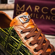 genuine alligator and ostrich quill fashion sneaker Saulo Green / Cognac image 10