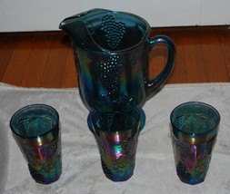 Indiana Carnival Glass Iridescent Blue Pitcher &amp; 3 Glasses - £59.78 GBP
