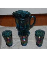 Indiana Carnival Glass Iridescent Blue Pitcher &amp; 3 Glasses - £59.77 GBP