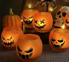 6 PC Orange Pumpkin Grimace Glass Votive Candle Holders Halloween Decor image 4