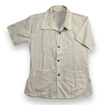 Vintage Men’s Aloha Hawaiian Camp Shirt Beige Natural Crochet Trim Sz M 19x25” - £28.49 GBP