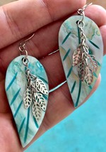 MOTHER of PEARL Blue etches LEAF EARRINGS with Silver Dangling Leaves  2... - $25.00